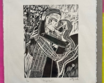 Tempt Me, Hand printed linoleum block print