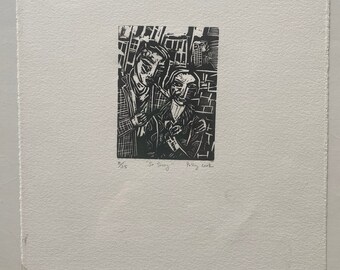 So Sorry, 4" X 3" linoleum block print, 2/25 on white paper