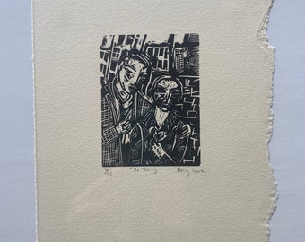 So Sorry, 4" X 3" Linoleum block print on cream paper, 1/25