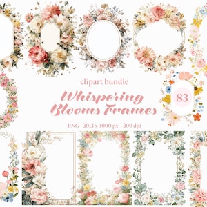 Op de afbeelding: Een digitaal clipartpakket met twaalf bloemenframes voorzien van diverse aquarelbloemen in tinten roze, geel, blauw en groen. De tekst luidt clipart bundle Whispering Blooms Frames PNG - 3013 x 4000 px - 300 dpi 83.