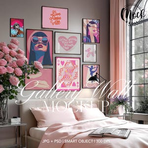9 Frames Gallery Wall Mockup, Eclectic Pink Bedroom Frame Mockup, Wall Art Mockup, Poster Mockup PSD Print Frame, Wooden Frames Template