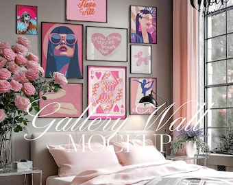 9 Frames Gallery Wall Mockup, Eclectic Pink Bedroom Frame Mockup, Wall Art Mockup, Poster Mockup PSD Print Frame, Wooden Frames Template