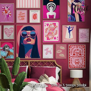 May include: A collection of 12 colorful framed prints with various designs, including a woman with sunglasses, a balloon animal, a playing card, and a ballerina. The prints are arranged on a wall above a bed with a headboard made of woven rattan.