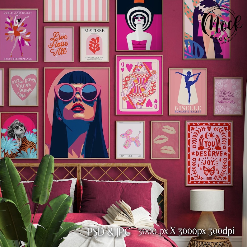 May include: A collection of 12 colorful framed prints with various designs, including a woman with sunglasses, a balloon animal, a playing card, and a ballerina. The prints are arranged on a wall above a bed with a headboard made of woven rattan.