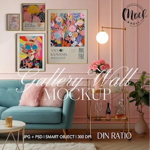 4 Ramki Galeria Ściana Mockup, Bar Cart Ramki Różowy Pokój Eklektyczny Wnętrze Sztuka Ścienna Mockup Ramka PSD Plakat Mockup Wydruk Ramki Szablon
