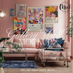 6 Frames Gallery Wall Mockup, Pink Room Eclectic Interior Wall Art Mockup Frame PSD Poster Mockup Modern Gold Frames Print Frames Template