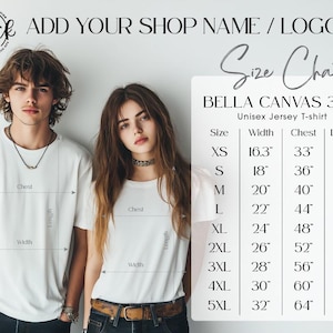 Bella Canvas 3001 Size Chart, 3001 Size Chart, Couple Unisex 3001 T-shirt Size Chart, Size Guide, Size info mockup, Tshirt Measurements