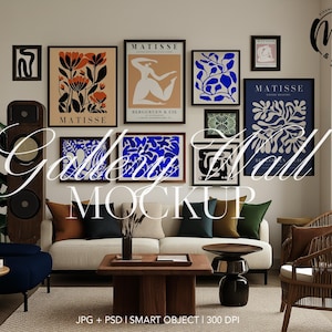 11 Frames Gallery Wall Mockup, Scandinavian Interior Wall Art Mockup Frame PSD Poster Mockup Modern Black Frames Print Frames Template