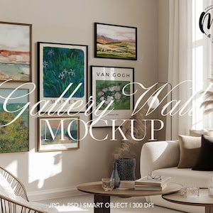 7 Frames Gallery Wall Mockup, Scandinavian Interior Wall Art Mockup Frame PSD Poster Mockup Modern Wood and Black Print Frames Template
