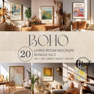 Puede incluir: Un conjunto de 20 maquetas de sala de estar que presentan una variedad de interiores de estilo bohemio con diferentes obras de arte, muebles y decoración. Las maquetas son perfectas para mostrar obras de arte, carteles y otras decoraciones de pared.