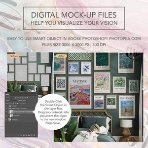 May include: A mockup of a bedroom wall with a green wall and a headboard. The wall is decorated with framed artwork, including paintings by Matisse, Monet, and Van Gogh. The artwork is arranged in a grid pattern. The mockup is designed to help you visualize your own artwork in a bedroom setting.