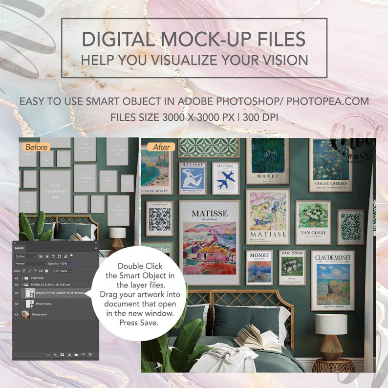 May include: A mockup of a bedroom wall with a green wall and a headboard. The wall is decorated with framed artwork, including paintings by Matisse, Monet, and Van Gogh. The artwork is arranged in a grid pattern. The mockup is designed to help you visualize your own artwork in a bedroom setting.