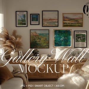 7 Frames Gallery Wall Mockup, Scandinavian Interior Wall Art Mockup Frame PSD Poster Mockup Modern Wood and Black Print Frames Template