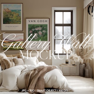 5 Frames Gallery Wall Mockup, Scandinavian Elegant Luxury Bedroom Mockup Wall Art Mockup Frame PSD Poster Mockup Gold Frames Frames Template