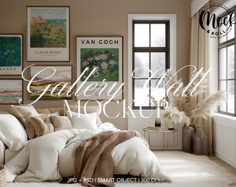 Gallery Wall Poster Frame Mockup: 5 Gold Frames Template, Scandinavian Luxury Bedroom (PSD)