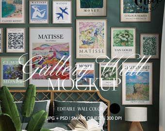 16 Frames Gallery Wall Art Mockup, Mockup de Moldura de Quarto Escandinavo, Moldura de Parede Editável em PSD, Mockup de Pôster, Modelo de Molduras de Impressão