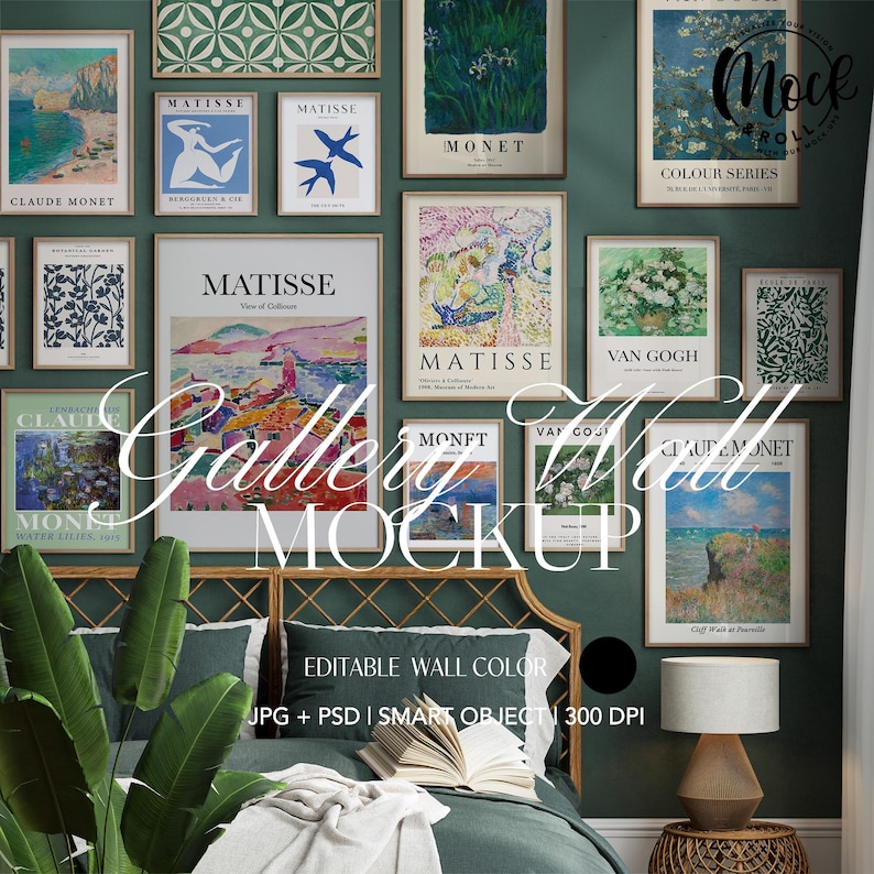 May include: A gallery wall mockup featuring a bedroom interior with a bed, a nightstand, a lamp, and a plant. The wall is decorated with framed artwork featuring paintings by famous artists such as Monet, Matisse, and Van Gogh. The text "Gallery Wall Mockup" is displayed in the center of the image. The text "Editable Wall Color" is displayed below the image. The text "JPG + PSD | SMART OBJECT | 300 DPI" is displayed below the text "Editable Wall Color".