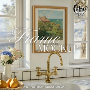 Scandinavian Kitchen Frame Mockup Wood Frame Wall Art Mockup Single Vertical Frame Poster Mockup PSD Print Frames Template Mockup
