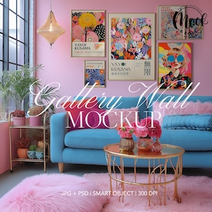 6 Frames Gallery Wall Mockup, Pink Room Eclectic Interior Wall Art Mockup Frame PSD Poster Mockup Modern Gold Frames Print Frames Template