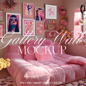 8 Frames Gallery Wall Mockup, Eclectic Pink Bedroom Frame Mockup, Wall Art mockup, Poster Mockup PSD Print Frame, White Frames Template