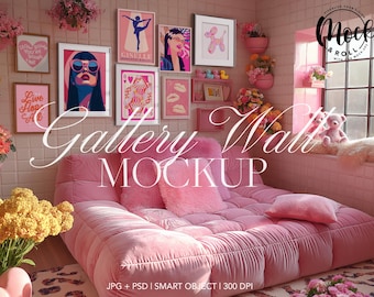 8 Frames Gallery Wall Mockup, Eclectic Pink Bedroom Frame Mockup, Wall Art mockup, Poster Mockup PSD Print Frame, White Frames Template
