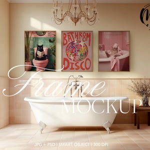 3 Vertical Frames Mockup in Pink Toliet, Wooden Frame Wall Art Mockup Elegant Bathroom, Poster Mockup PSD Print Frames Template Mockup