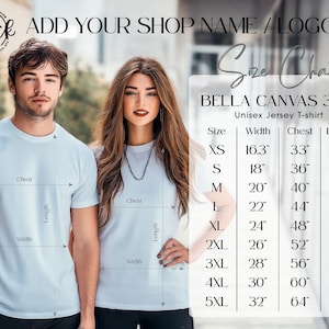 Outdoor Bella Canvas 3001 Size Chart, 3001 Size Guide, Couple Unisex 3001 T-shirt Size Chart, Size info mockup, Tshirt Measurements