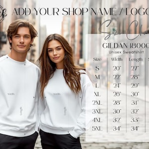 Gildan 18000 Size Chart G18000 Sweatshirt Size Chart, Couple Unisex Size Guide, Size info mockup Sizing Guide Mockup Simple Measurements