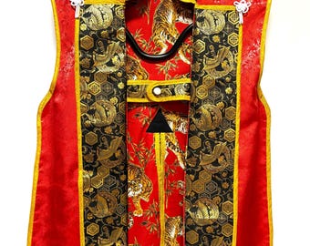 Samurai Kostüm Authentischer Jinbaori Waffenrock Handgemachte Rüstung Weste Roter Nebel & Tiger mit versteckter Tasche