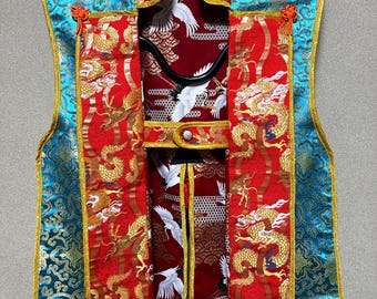 Samurai Kostüm Authentischer Jinbaori Waffenrock Handgemachte Rüstung Weste Türkisblau & Goldener Phönix mit versteckter Tasche
