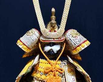 Vintage japanische Samurai-Rüstung Yoroi, Goldlöwen-Kabuto, gelbe Seiden-Odoshi, Heian-Stil, von Suzuki Neyu-zan