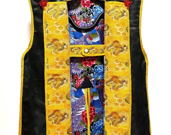 Samurai Cosplay Kostüm Authentischer Jinbaori Waffenrock Handgemachte Rüstung Weste Schwarzer Drache & Pfau mit versteckter Tasche