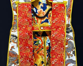 Samurai Kostüm Authentischer Jinbaori Waffenrock Handgemachte Rüstung Weste Weißer Drache & Goldener Phönix mit versteckter Tasche