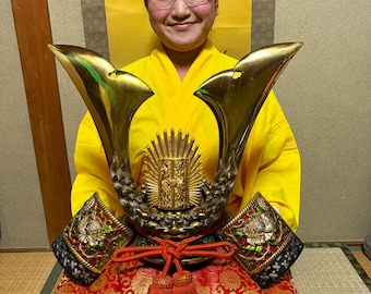 Beautiful and large Japanese Samurai helmet &quot;Holy, Kanzenon bosatsu Lion KABUTO.&quot; with beautiful Japanese Floor cushion &quot;ZABUTON&quot;.