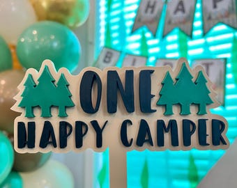 One Happy Camper 3D Printed Cake Topper - Woodland Nature | 1st Birthday Cake topper | Camping Birthday Party | First Birthday Decor | Trees