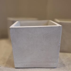 Könnte beinhalten: Ein quadratischer, hellgrauer Betonblumentopf mit strukturierter Oberfläche. Der Pflanztopf hat ein schlichtes, modernes Design und ist für den Innen- und Außenbereich geeignet. Der Pflanztopf ist etwa 15 cm hoch.