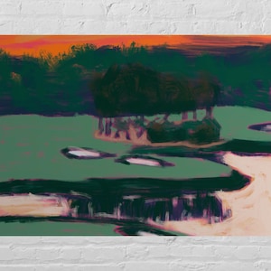 Sunset Golf Course Art Print, Abstract Landscape Wall Art, Green Fairway and Orange Sky, Digital Download for Golf Lovers, Modern Golf Paint
