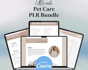 Aanpasbare PLR-bundel voor dierenverzorging: canva-sjablonen voor veterinaire informatie, recepten en cadeau-ideeën