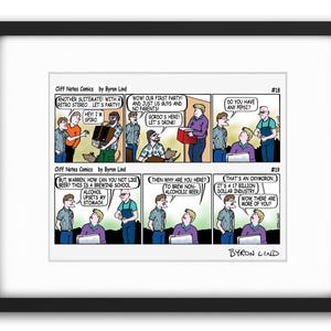 Może przedstawiać: Komiks zatytułowany "Cliff Notes Comics" autorstwa Byrona Linda. Komiks przedstawia grupę mężczyzn na imprezie, którzy dyskutują o warzeniu piwa bezalkoholowego. Podpis pod obrazkiem brzmi: "Ale Warren, jak możesz nie lubić piwa? To szkoła warzenia piwa. Alkohol szkodzi mojemu żołądkowi. To dlaczego tu jesteś? Aby warzyć piwo bezalkoholowe. To oksymoron. To przemysł wart 17 miliardów dolarów. Wow, jest was więcej?"