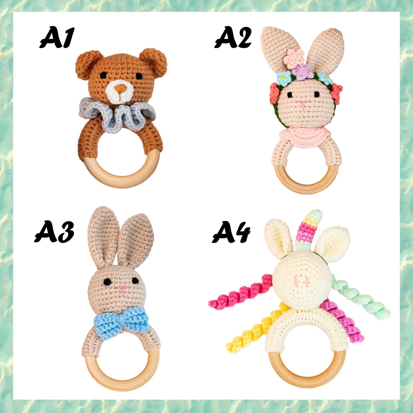 Engraved Animal Crochet Rattle With Name , Personalized Wooden Baby ...