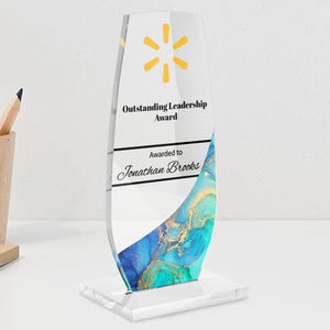 Personalized Acrylic Award: Corporate Recognition Trophy with Marbled Accent