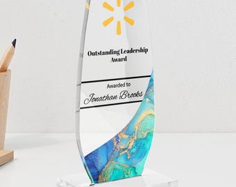 Personalized Acrylic Award: Corporate Recognition Trophy with Marbled Accent