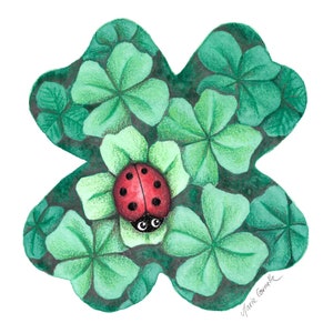 Carte postale : Coccinelle "Bonne chance" avec trèfle
