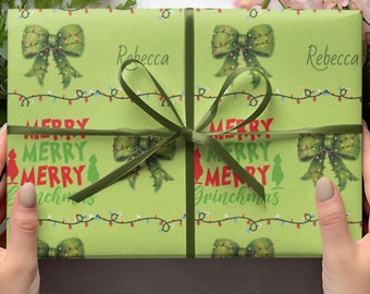Personalized Merry Grinchmas Wrapping Paper Roll - Custom Green Grinch Gift Wrap - Christmas Present Packaging