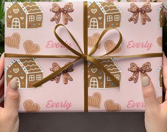 Personalized Pink Gingerbread Christmas Wrapping Paper: Custom Name Gift Wrap