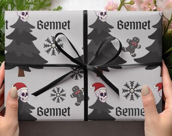 Personalized Goth Christmas Wrapping Paper: Creepy Skulls & Trees