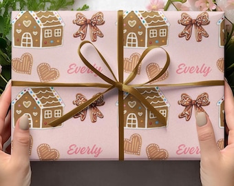 Personalized Pink Gingerbread Christmas Wrapping Paper: Custom Name Gift Wrap