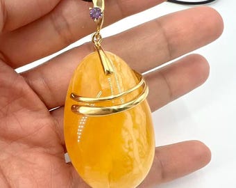 Genuine Baltic Amber Jewelry | Egg-Yolk Amber Pendant with Amethyst | Handmade Gold-Plated Silver Necklace