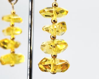 Faceted Baltic Amber Dangle Earrings: Long Yellow Gemstone Jewelry