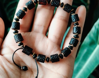 Black Snakeskin Baltic Amber Bracelet with Gold Accents